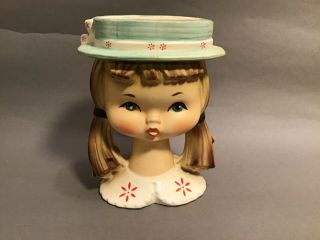 Vintage Lady Girl Child Head Vase With Blue Eyes 2 Pony Tails As - Is Tv - 1392