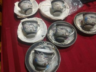 6 Dragon Hand Painted Cup & Saucers Hand Painted In Japan " Victora "