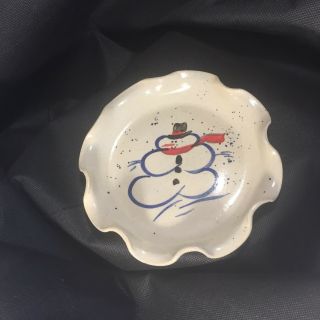 Owen Pottery Blue Red Black Snowman Round Trinket Dish 6” Diameter - Ex
