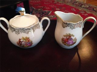Veritable Porcelaine Cream And Sugar Set Man And Woman In Garden Pre - Owned
