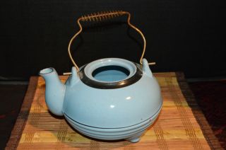 Antique Blue Terra Cotta Footed Tea Pot Planter W/metal Handle,  7 1/4 " X4 1/2 "