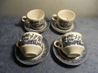 Set Of 4 Churchill England Blue Willow Tea Cup And Saucer Set