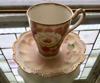 Vtg/antique Limoges Coronet Hand - Painted Demitasse Cup /saucer,  Signed Dupont