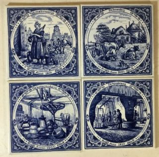 4 Vintage Delft Blue Painted Holland Ceramic Tiles Tradesmen Scenes Vgc