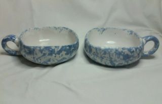 Two Bybee Pottery Bowls Blue Sponge Ware Vintage