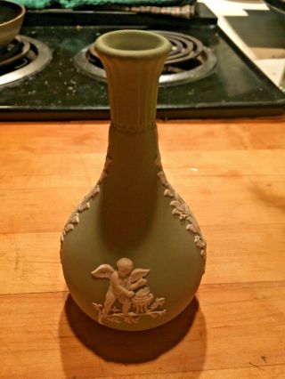 Vintage Wedgwood Jasperware Sage Green Solitaire Long 5 " Cupid Rose Vase