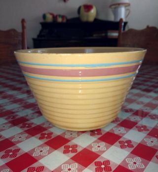 Vintage Watt Oven Ware 8 Pottery Mixing Bowl Pink & Blue Bands Stripes
