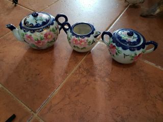 Vintage Cream Pitcher & Sugar Bowl Set Tea Pot Hand Painted Japan Floral Cobalt