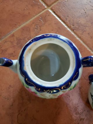 Vintage Cream Pitcher & Sugar Bowl Set Tea Pot Hand Painted Japan Floral Cobalt 3