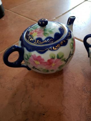 Vintage Cream Pitcher & Sugar Bowl Set Tea Pot Hand Painted Japan Floral Cobalt 5