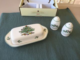 Spode Christmas Tree Hostess Set Covered Butter Dish & Salt And Pepper Shakers