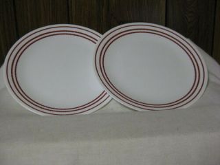 2 Corning Corelle Ruby Red Dinner Plates 10 1/4 " Red Dots Bands & Red Band