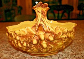 Vintage Mccoy Pottery 7.  75 " X 5 " Yellow & Brown Basket Shaped Planter W/acorns