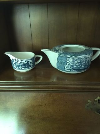 Blue Currier And Ives Cream Pitcher And Tea Pot Without Lid.