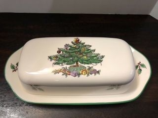 Spode Christmas Tree Quarter Pound Butter Dish With Lid,  8 " Made In England