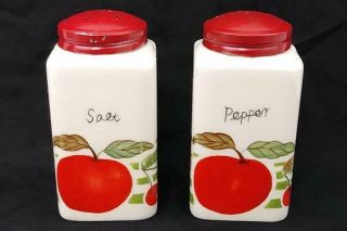 Square Ceramic Salt & Pepper Shakers Apples/cherries On White & Green Background