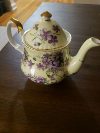 Crown Victorian Staffordshire England.  Fine Bone China 4 " Teapot.  Purple Flowers