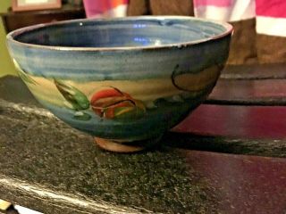 Rare Signed Art Pottery Green Blue Red 5 X 3 " Bowl Handmade Handpainted