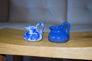 Bybee Pottery - 2 Mini Creamers Glazed Pottery Blue & Sponge