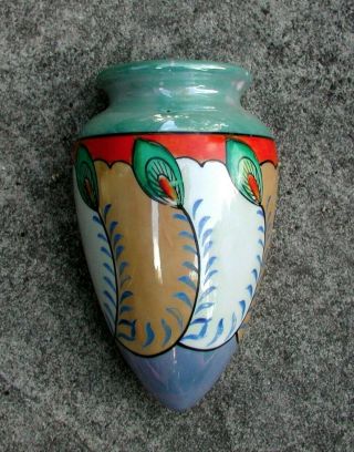 Vintage Japanese Lusterware Ceramic Wall Pocket Vase Hand Painted Feathers