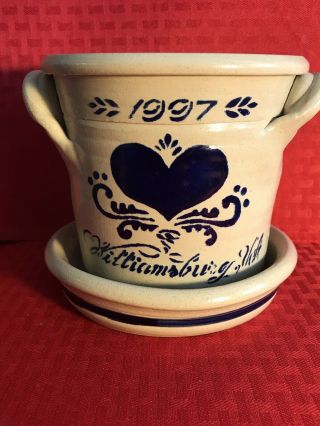 Williamsburg Pottery Salt Glaze With Cobalt Blue Heart Floral Signed 1997