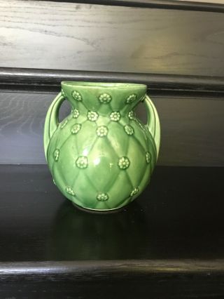 Vintage Shawnee Pottery Green Two 2 Handle Vase 827 - Quilted Daisy - Good