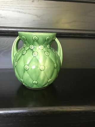 VINTAGE SHAWNEE POTTERY GREEN TWO 2 HANDLE VASE 827 - QUILTED DAISY - GOOD 3