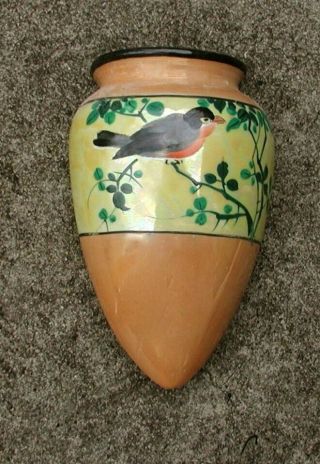 Vintage Japanese Lusterware Ceramic Wall Pocket Vase Hand Painted Bird