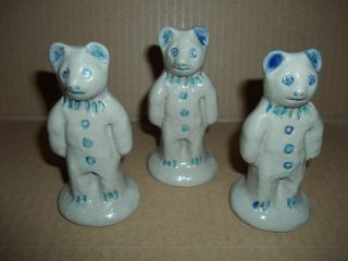 3pc Bear Figurine Stoneware Pottery Cobalt Blue Beaumont Brothers Salt Glaze 3