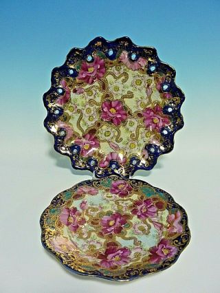 Vintage Signed Japanese Nippon? Hand Painted Pink Floral Moriage Cabinet Plates