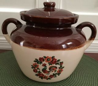 Vintage Mccoy 342 Stoneware Bean Pot Crock 2.  5 Qt Rooster & Floral Pattern Usa