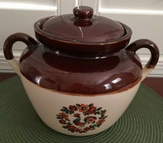 Vintage McCoy 342 Stoneware Bean Pot Crock 2.  5 Qt Rooster & Floral Pattern USA 3