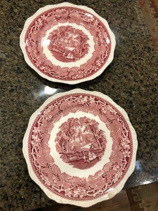 Masons Vista Red Pink Transferware 10 7/8 Set Of 2 Dinner Plates