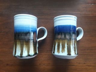 2 Vintage Clay Hand Thrown Blue And Beige Coffee Mugs