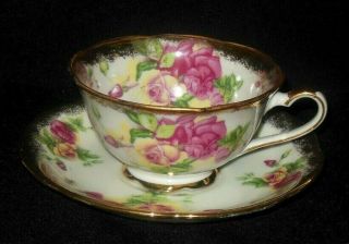 Napco Hand Painted Heavy Gold Border Tea Cup Saucer Set Peach Pink Roses