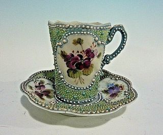 Vintage Made In Japan Hand Painted Floral Moriage Trim Demitasse Cup & Saucer
