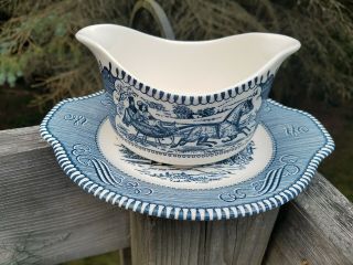 Vintage Currier And Ives Gravy Boat With Underplate By Royal China