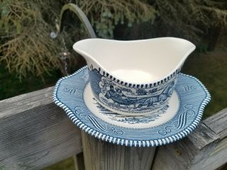 VINTAGE CURRIER AND IVES GRAVY BOAT WITH UNDERPLATE BY ROYAL CHINA 3