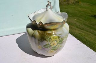 R S Prussia /white/green Yellow Flowers Cracker Biscuit Jar Chip At Top Of Jar