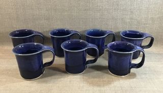 Set 7 Unique Hand Crafted Pottery Blue Glaze Coffee Mugs Signed Bay