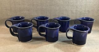 Set 7 Unique Hand Crafted Pottery Blue Glaze Coffee Mugs Signed Bay 3