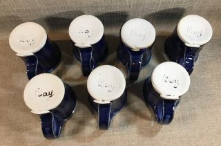 Set 7 Unique Hand Crafted Pottery Blue Glaze Coffee Mugs Signed Bay 4