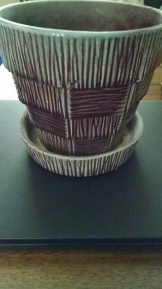 Vintage Mccoy Basketweave Planter With Attached Saucer 6 " Purple