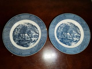 2 Currier And Ives Blue 10” Dinner Plates The Old Grist Mill Royal China