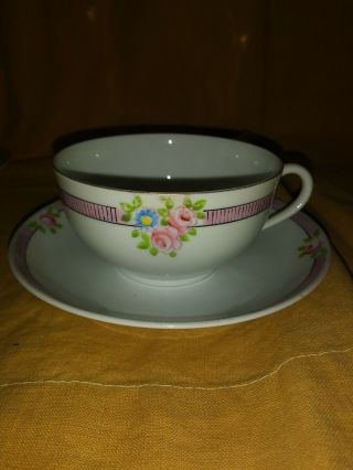Noritake Tea Cup And Matching Saucer Pink Roses And Blue Daisies With Pink Lined