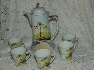 Vintage Shofu China Coffee/hot Chocolate/teapot W 5 Demi Cups - Lake Scene.  Japan