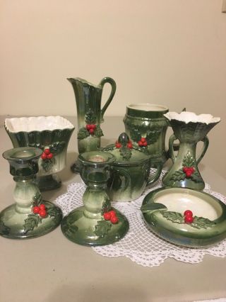Norcrest Christmas Lusterware Holly 8 Pc Set Candleholder Ashtray Vase Mug More