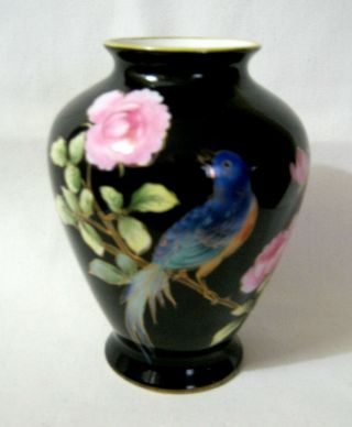 Old Noritake Nippon Black With Hand Painted Pink Roses 5 3/4 " Blue Bird Vase