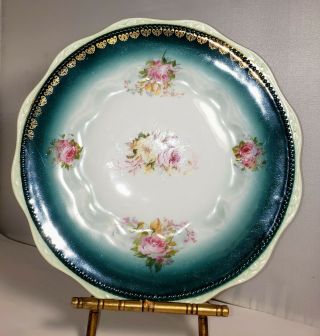 Vintage Silesia Porcelain Plate 8.  5 " Pink Roses Teal Hand Painted Embossed