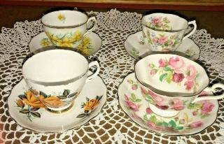 4 Tea Coffee Cups Saucers Royal Albert Princess Anne Moss Rose Colclough Pretty